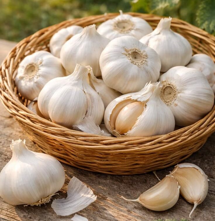 Fresh Indian garlic bulbs in a woven basket for export.