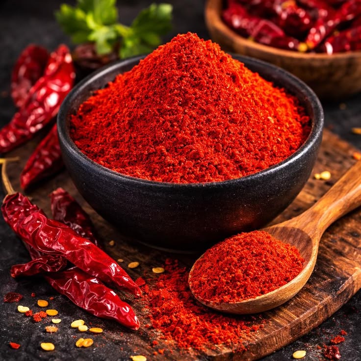 Fresh Indian red chilli powder displayed with dried chillies.