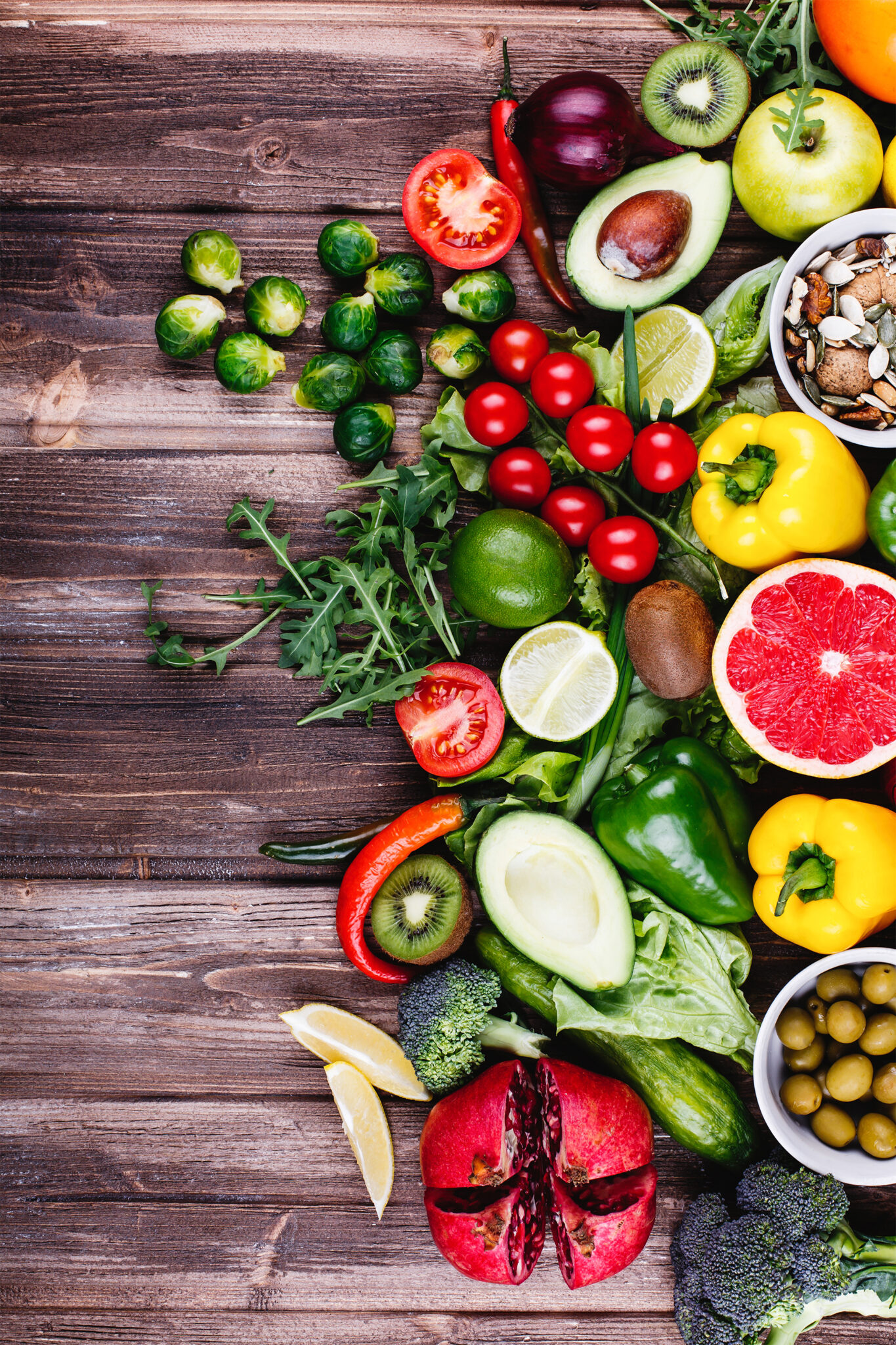 fresh healthy food avocabo brussel sprouts cucumbers red yellow green peppers