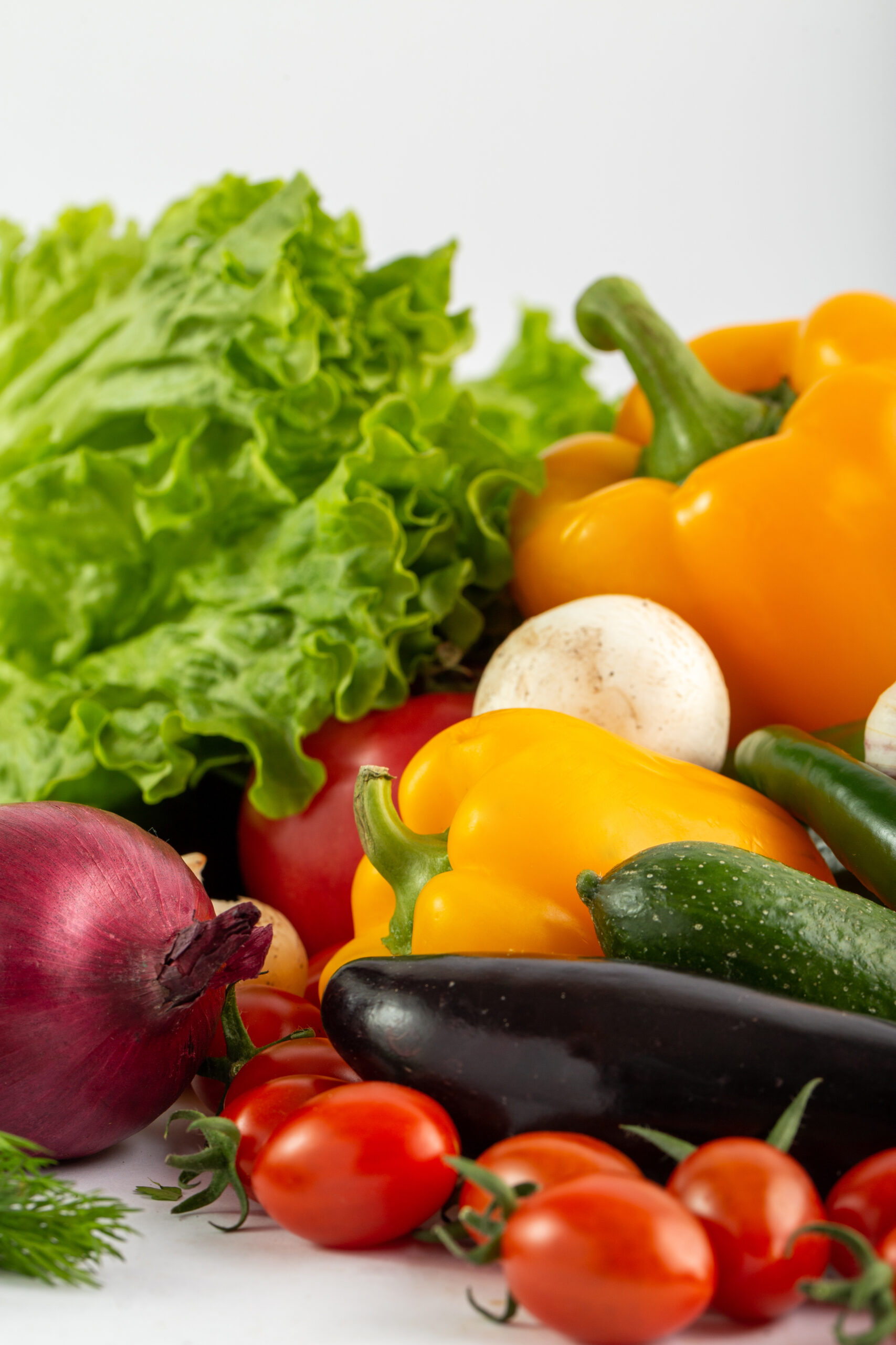 Fresh colorful vegetables including lettuce, peppers, tomatoes and eggplant for export