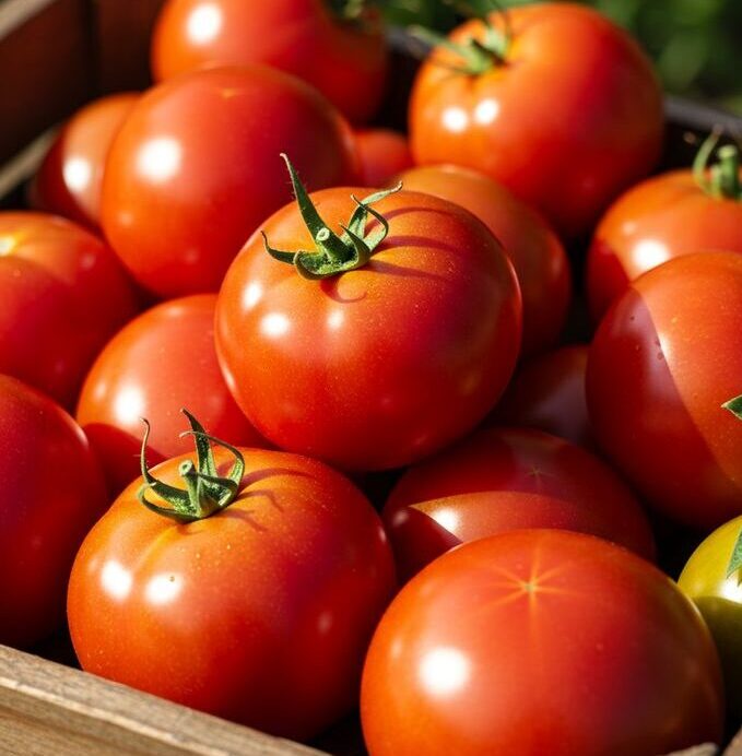 Fresh red tomatoes in a wooden crate ready for export.